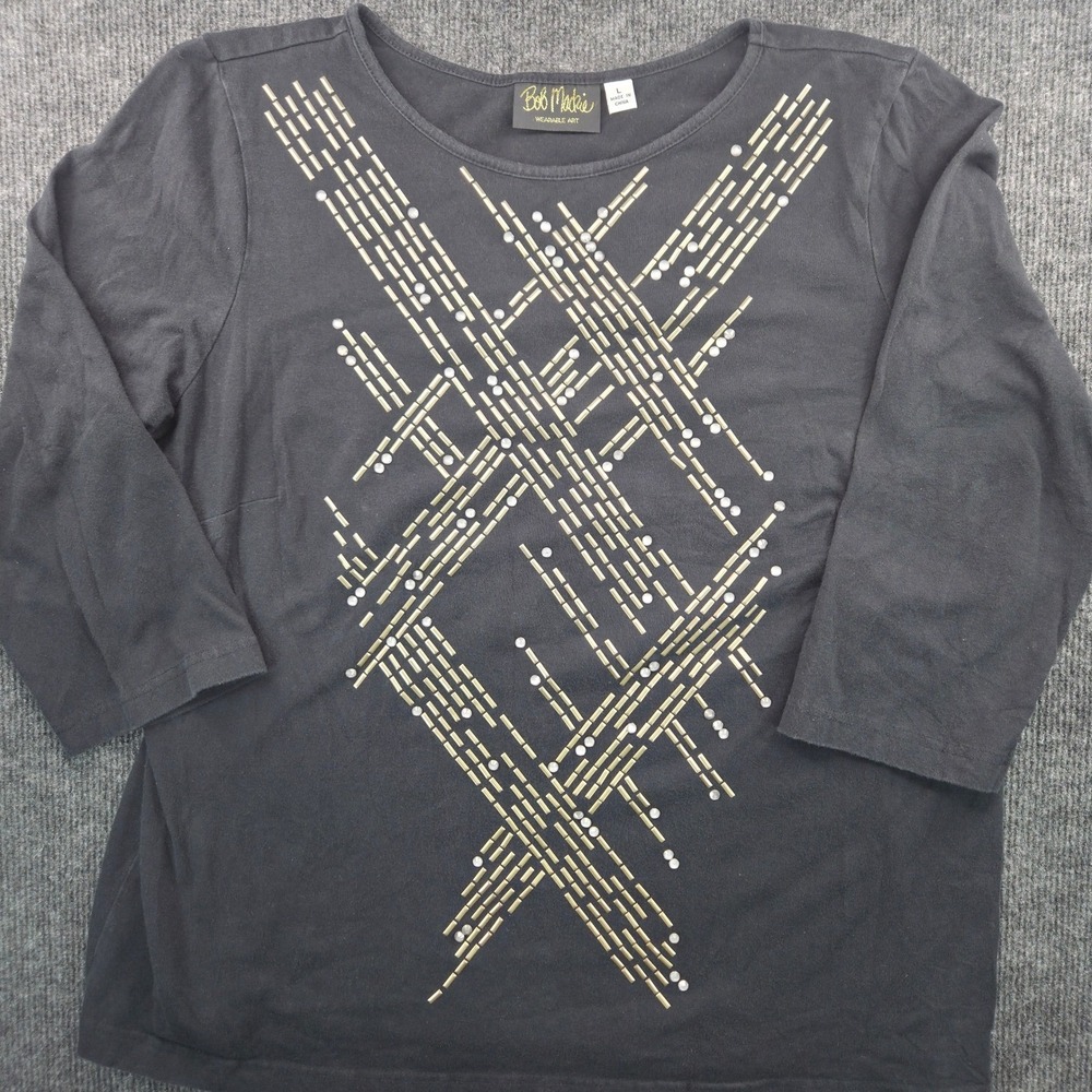 Bob Mackie Wearable Art Black Studded Geometric 3/4 Sleeve Top Women Large - Picture 2 of 7